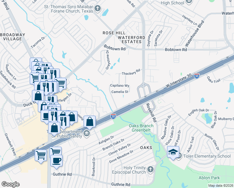 map of restaurants, bars, coffee shops, grocery stores, and more near 241 West Interstate 30 in Garland