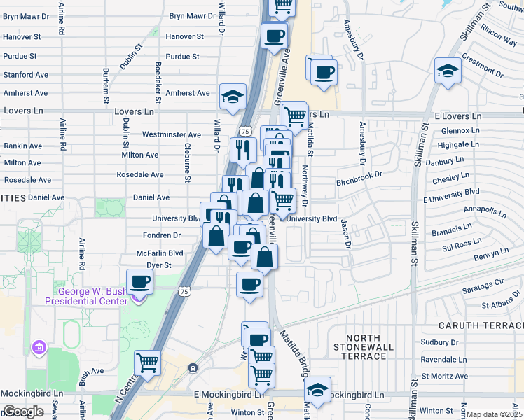 map of restaurants, bars, coffee shops, grocery stores, and more near 5626 East University Boulevard in Dallas