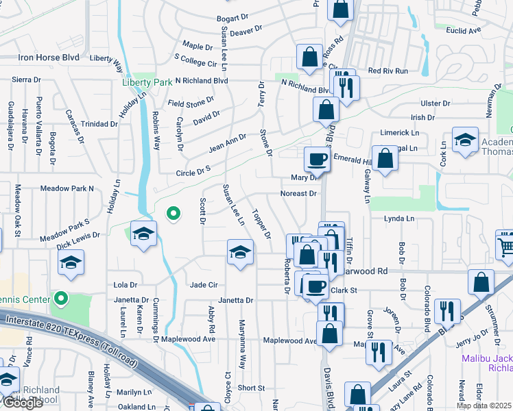 map of restaurants, bars, coffee shops, grocery stores, and more near 5404 Topper Drive in North Richland Hills