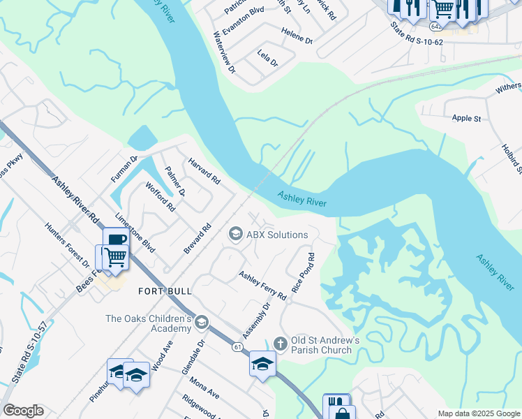 map of restaurants, bars, coffee shops, grocery stores, and more near 2345 Tall Sail Drive in Charleston