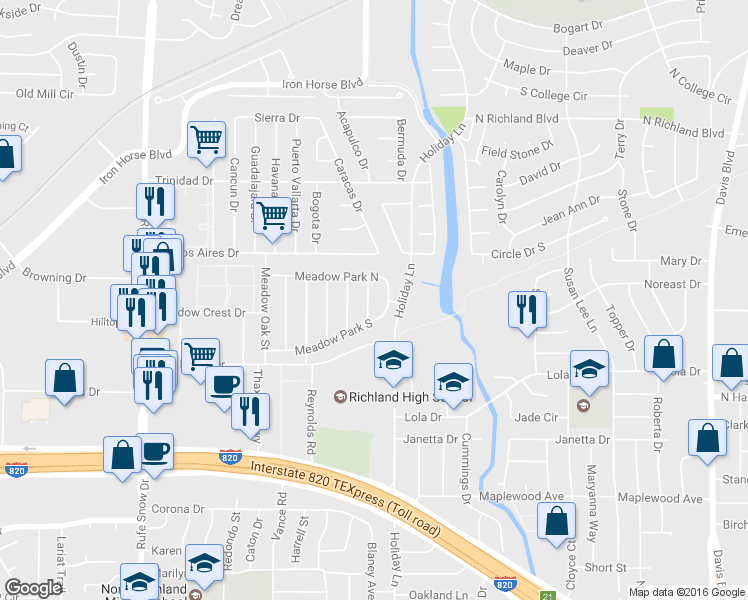 map of restaurants, bars, coffee shops, grocery stores, and more near 5512 Pleasant Meadow Drive in North Richland Hills