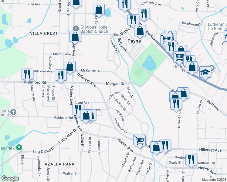 map of restaurants, bars, coffee shops, grocery stores, and more near 3439 Austin Avenue in Macon