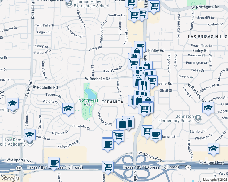 map of restaurants, bars, coffee shops, grocery stores, and more near 3505 Esplendor Avenue in Irving