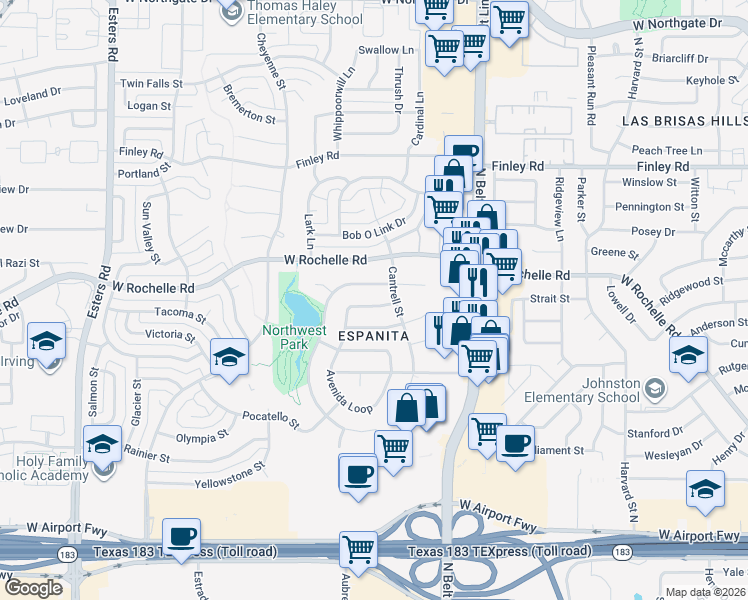 map of restaurants, bars, coffee shops, grocery stores, and more near 3505 Esplendor Avenue in Irving