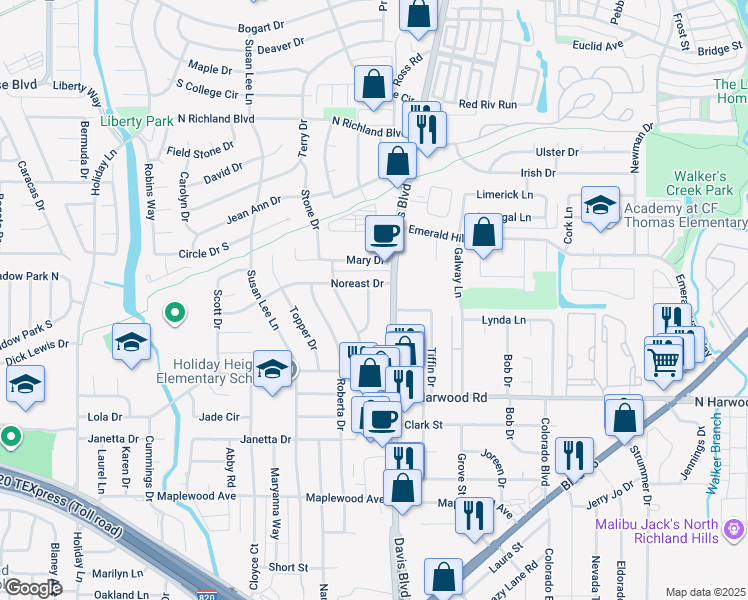 map of restaurants, bars, coffee shops, grocery stores, and more near 5428 Randol Drive in North Richland Hills