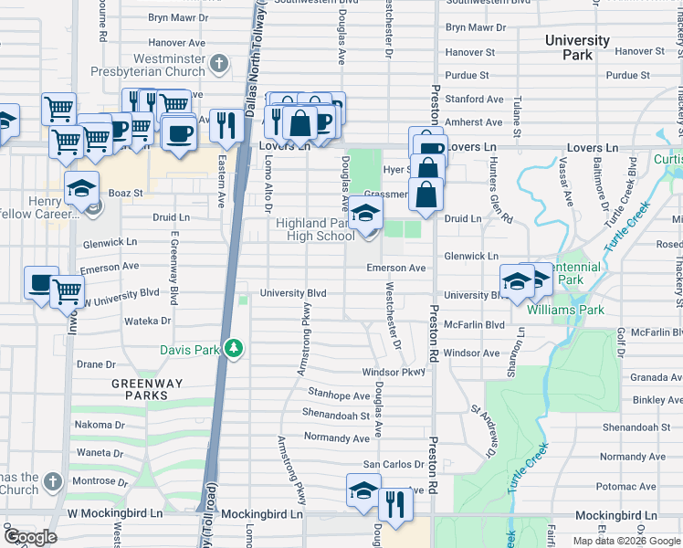 map of restaurants, bars, coffee shops, grocery stores, and more near 4246 University Boulevard in Dallas