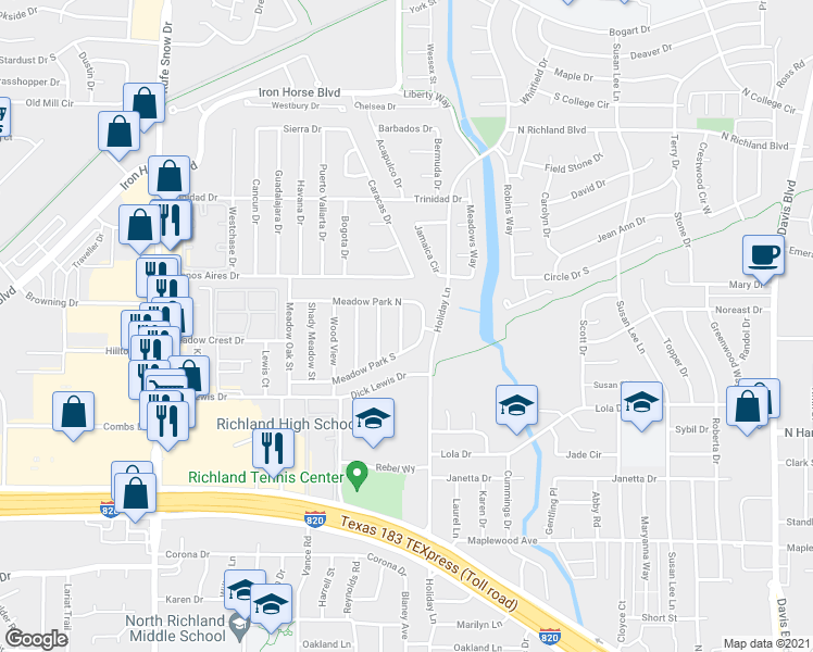 map of restaurants, bars, coffee shops, grocery stores, and more near 5512 Pleasant Meadow Drive in North Richland Hills