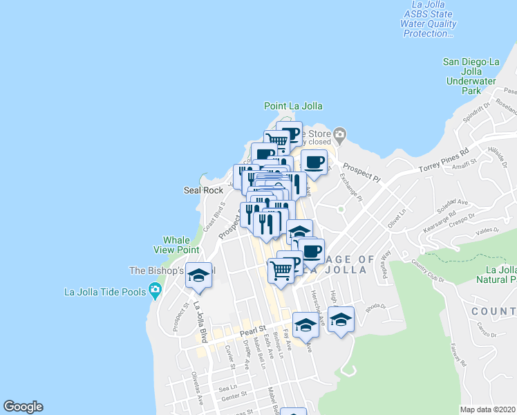 map of restaurants, bars, coffee shops, grocery stores, and more near 7816 Girard Avenue in San Diego