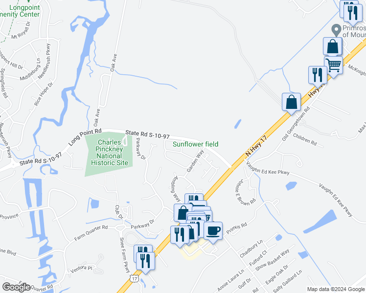 map of restaurants, bars, coffee shops, grocery stores, and more near 1112 Hidden Cove Drive in Mount Pleasant