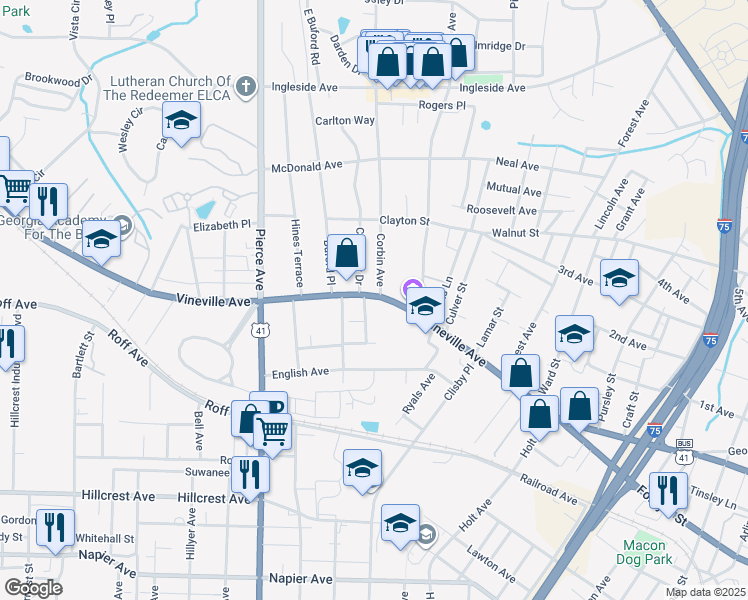 map of restaurants, bars, coffee shops, grocery stores, and more near 145 Buckingham Place in Macon