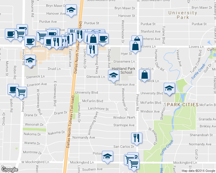 map of restaurants, bars, coffee shops, grocery stores, and more near 4246 University Boulevard in Dallas