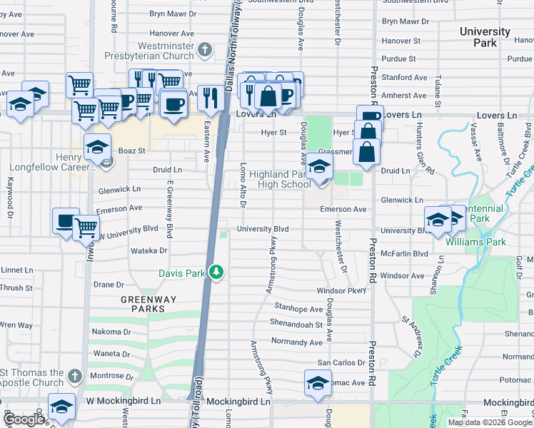 map of restaurants, bars, coffee shops, grocery stores, and more near 4336 University Boulevard in Dallas