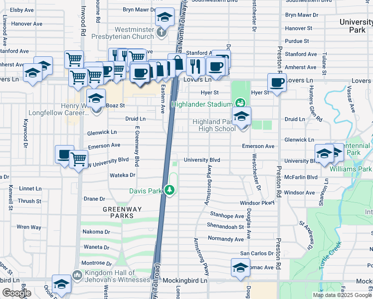 map of restaurants, bars, coffee shops, grocery stores, and more near 4516 University Boulevard in Dallas