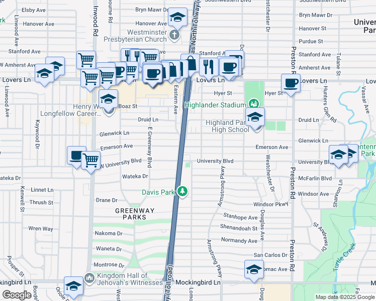 map of restaurants, bars, coffee shops, grocery stores, and more near 4516 University Boulevard in Dallas