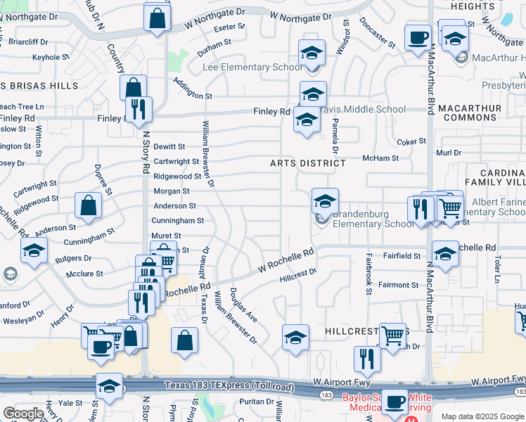map of restaurants, bars, coffee shops, grocery stores, and more near 1814 Cunningham Street in Irving