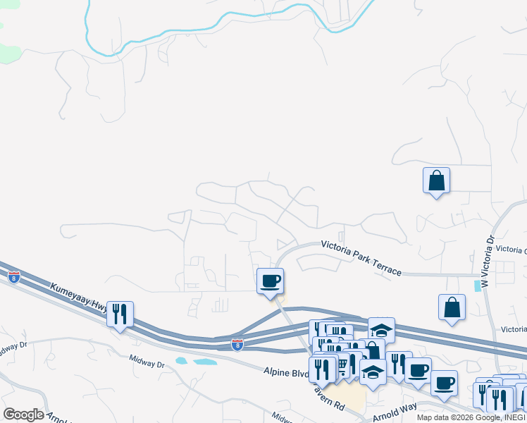 map of restaurants, bars, coffee shops, grocery stores, and more near 2001 Larkspur Drive in Alpine