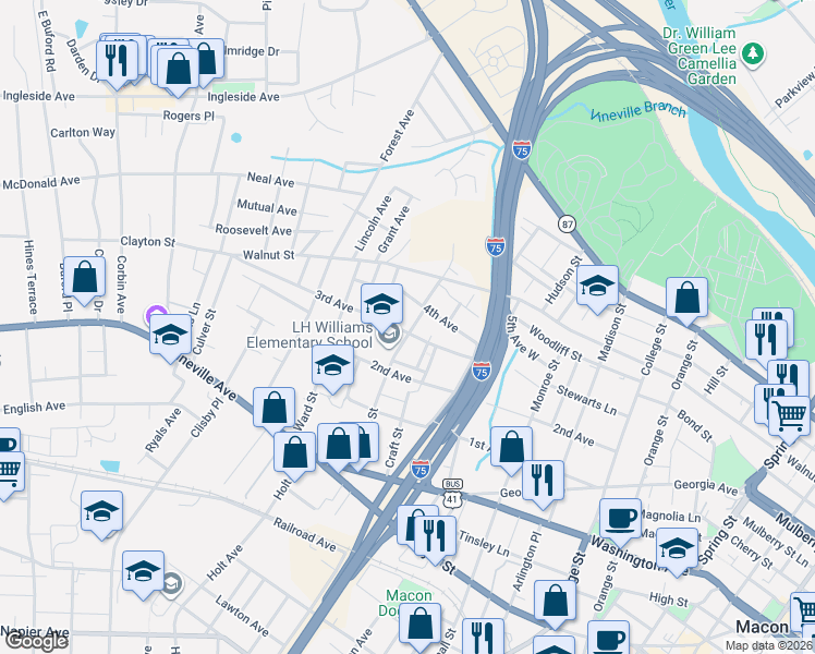 map of restaurants, bars, coffee shops, grocery stores, and more near 310 Pursley Street in Macon