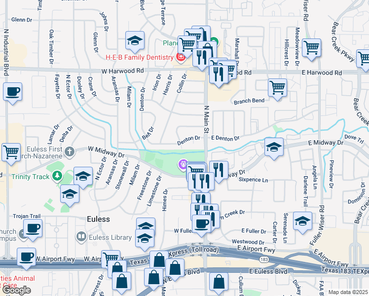 map of restaurants, bars, coffee shops, grocery stores, and more near 750 Tarrant Drive in Euless