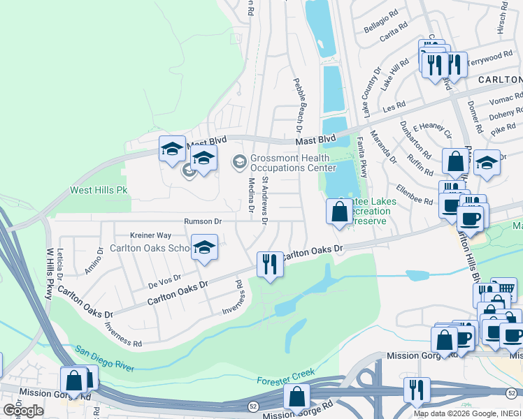 map of restaurants, bars, coffee shops, grocery stores, and more near 9416 Saint Andrews Drive in Santee