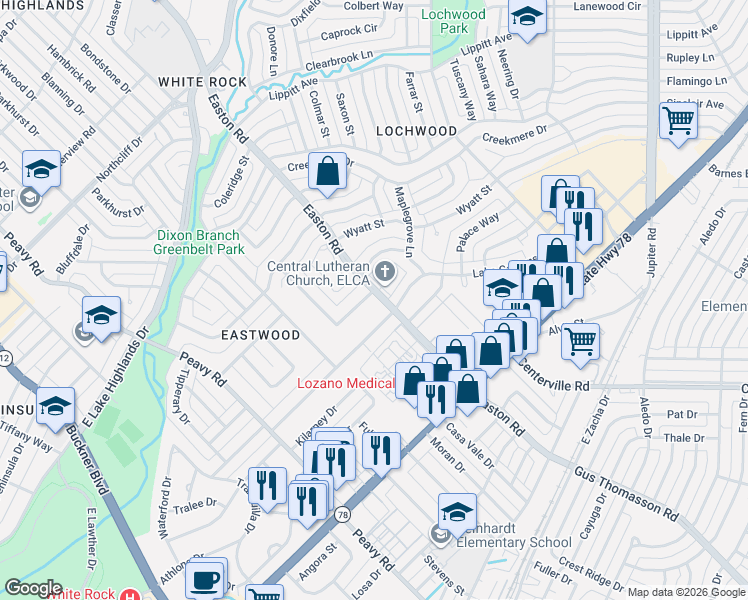 map of restaurants, bars, coffee shops, grocery stores, and more near 10427 Lake Gardens Drive in Dallas