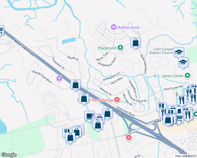 map of restaurants, bars, coffee shops, grocery stores, and more near 110 Revolution Drive in Mount Pleasant