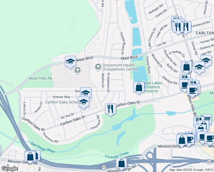 map of restaurants, bars, coffee shops, grocery stores, and more near 9416 Saint Andrews Drive in Santee