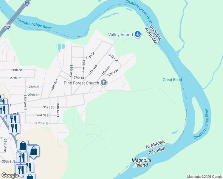 map of restaurants, bars, coffee shops, grocery stores, and more near 1248-1252 30th Street East in Valley