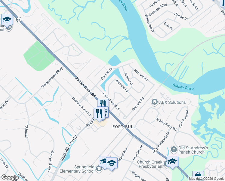 map of restaurants, bars, coffee shops, grocery stores, and more near 2306 Wofford Road in Charleston
