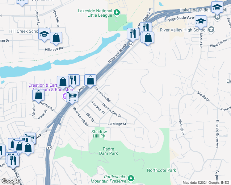 map of restaurants, bars, coffee shops, grocery stores, and more near 11276 Huntingride Circle in Santee