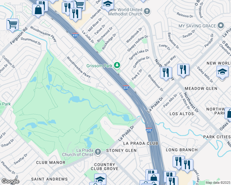 map of restaurants, bars, coffee shops, grocery stores, and more near 10700 Woodmeadow Parkway in Dallas