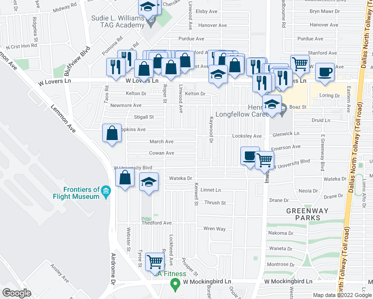 map of restaurants, bars, coffee shops, grocery stores, and more near 4818 Cowan Avenue in Dallas