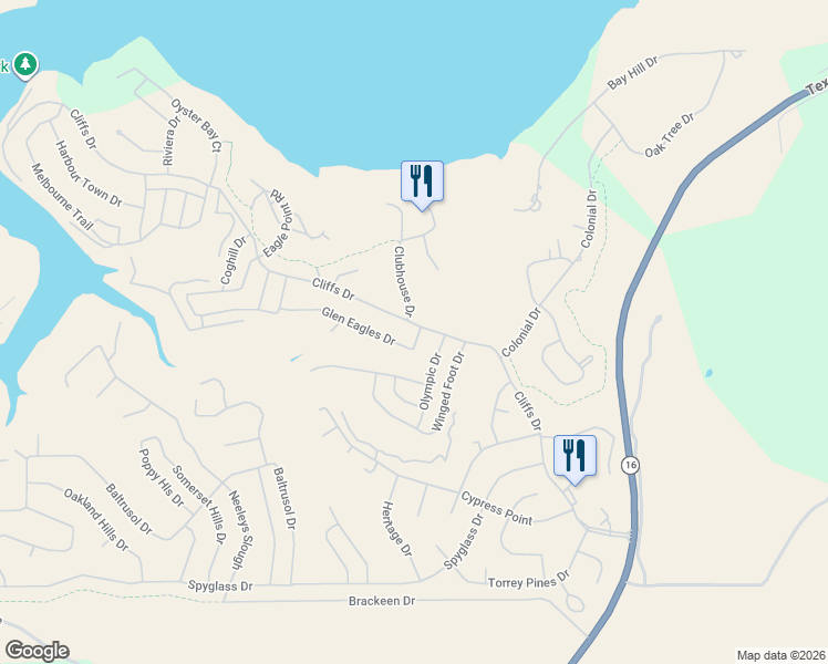 map of restaurants, bars, coffee shops, grocery stores, and more near 395 Cliffs Drive in Graford