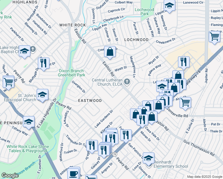 map of restaurants, bars, coffee shops, grocery stores, and more near 963 Easton Place in Dallas