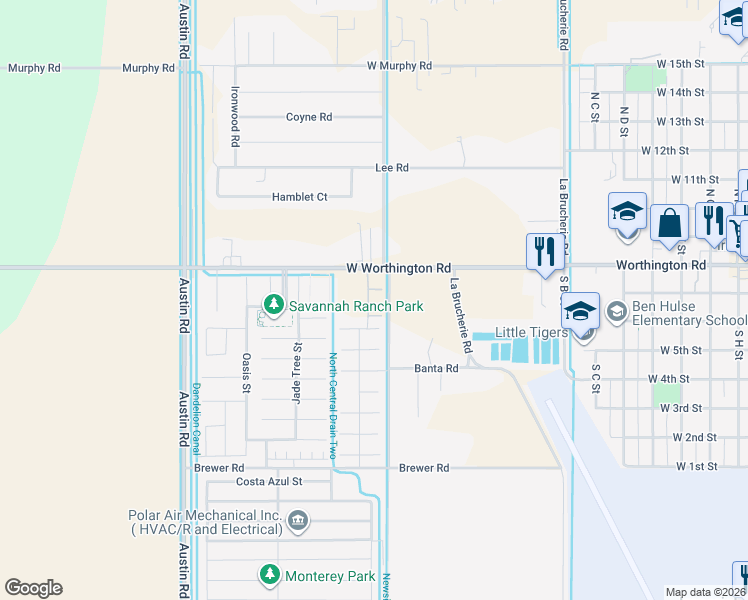 map of restaurants, bars, coffee shops, grocery stores, and more near 605 West Worthington Road in Imperial