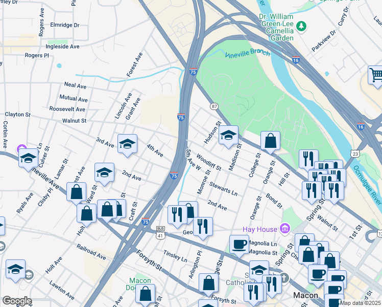 map of restaurants, bars, coffee shops, grocery stores, and more near 1552 Woodliff Street in Macon