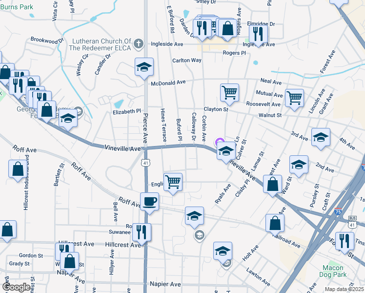 map of restaurants, bars, coffee shops, grocery stores, and more near 155 Oak Haven Avenue in Macon