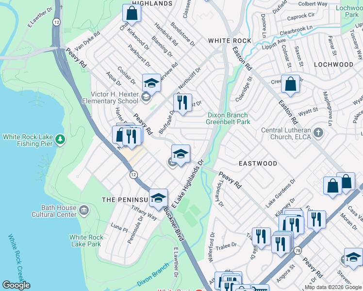 map of restaurants, bars, coffee shops, grocery stores, and more near 861 Peavy Road in Dallas