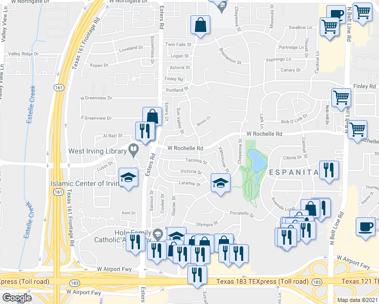 map of restaurants, bars, coffee shops, grocery stores, and more near 4016 Tacoma Street in Irving