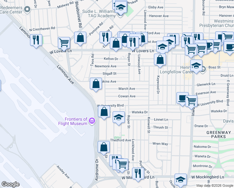 map of restaurants, bars, coffee shops, grocery stores, and more near 4419 West University Boulevard in Dallas