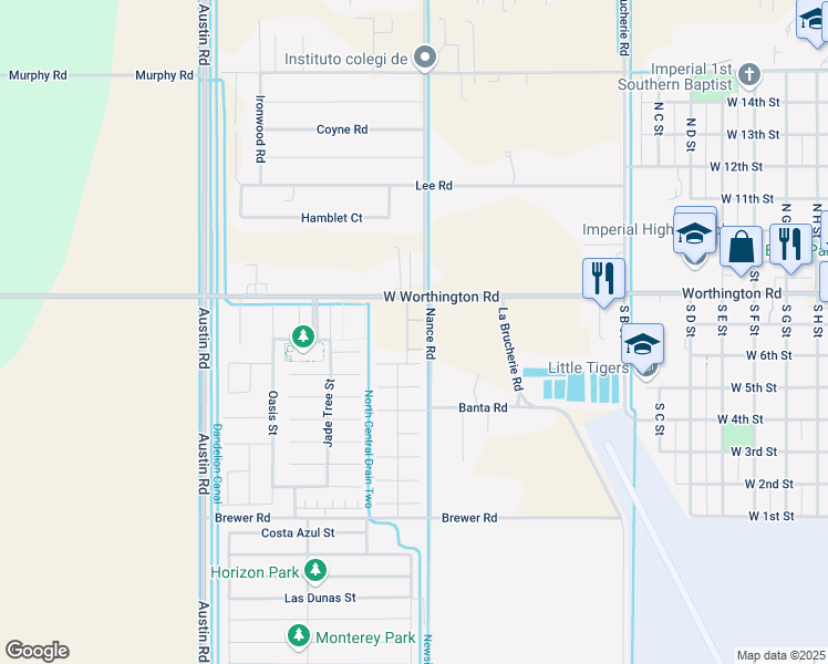 map of restaurants, bars, coffee shops, grocery stores, and more near 605 West Worthington Road in Imperial
