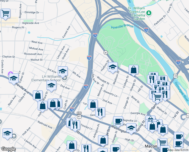 map of restaurants, bars, coffee shops, grocery stores, and more near 1491 5th Avenue West in Macon