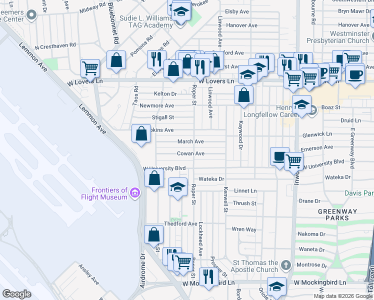 map of restaurants, bars, coffee shops, grocery stores, and more near 4603 West University Boulevard in Dallas