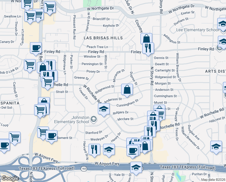 map of restaurants, bars, coffee shops, grocery stores, and more near 2721 Anderson Street in Irving