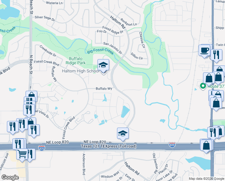 map of restaurants, bars, coffee shops, grocery stores, and more near 5437 Stonelake Drive in Haltom City
