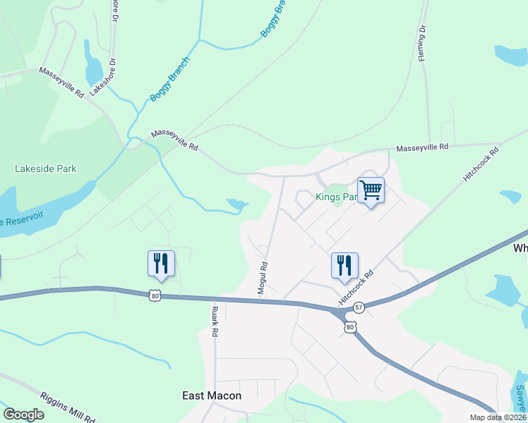 map of restaurants, bars, coffee shops, grocery stores, and more near 3446 Mogul Road in Macon