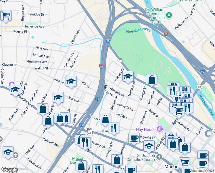 map of restaurants, bars, coffee shops, grocery stores, and more near 1552 Woodliff Street in Macon