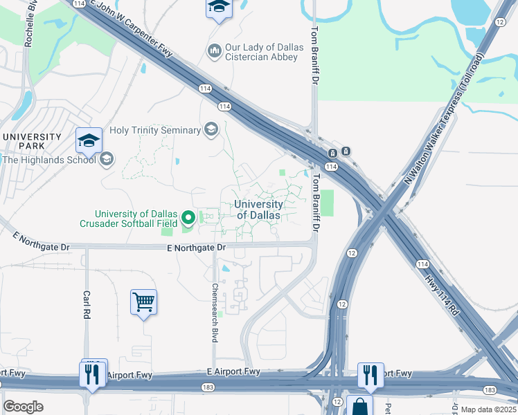 map of restaurants, bars, coffee shops, grocery stores, and more near 1845 East Northgate Drive in Irving