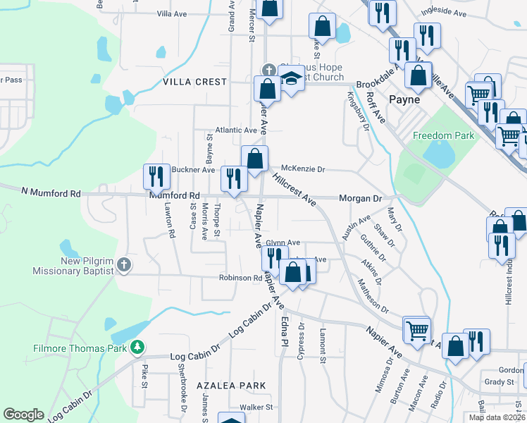 map of restaurants, bars, coffee shops, grocery stores, and more near 3595 Napier Avenue in Macon