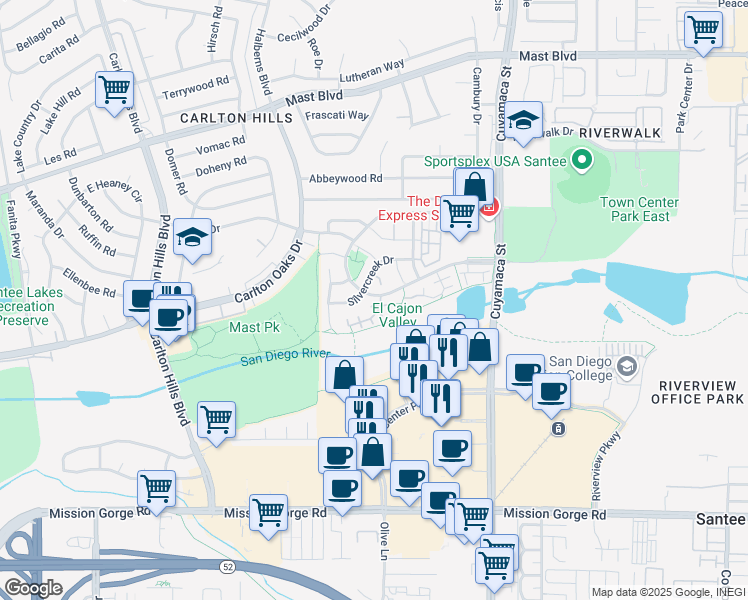 map of restaurants, bars, coffee shops, grocery stores, and more near 204 River Rock Court in Santee