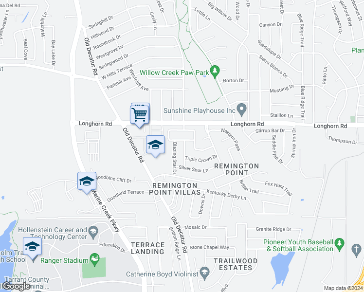 map of restaurants, bars, coffee shops, grocery stores, and more near 6041 Bronze River Road in Fort Worth